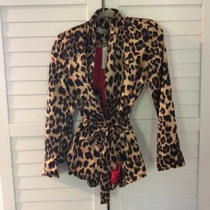 NWT SATIN LEOPARD TIE WAIST BLAZER SMOKING JACKET